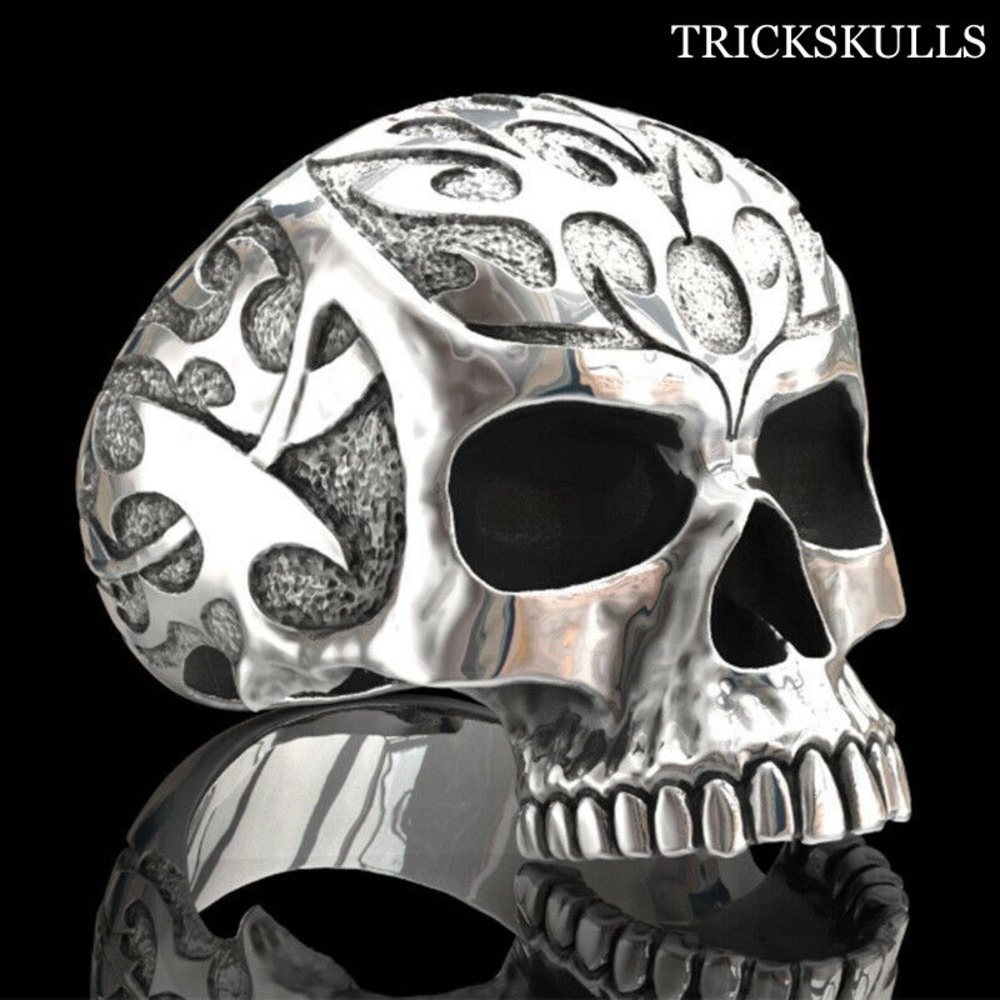 Silver Stainless Tribal Fire Flames Skull Head Ring Modern Artisan Design New!